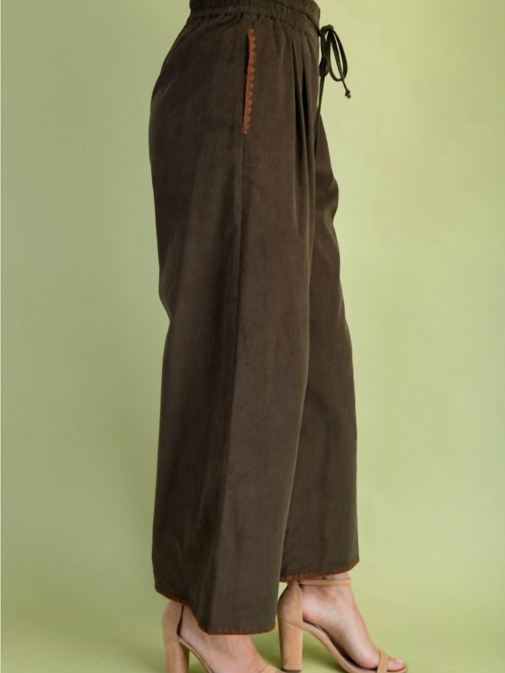 Wide-Leg Drawstring Corduroy Pants in Olive Green